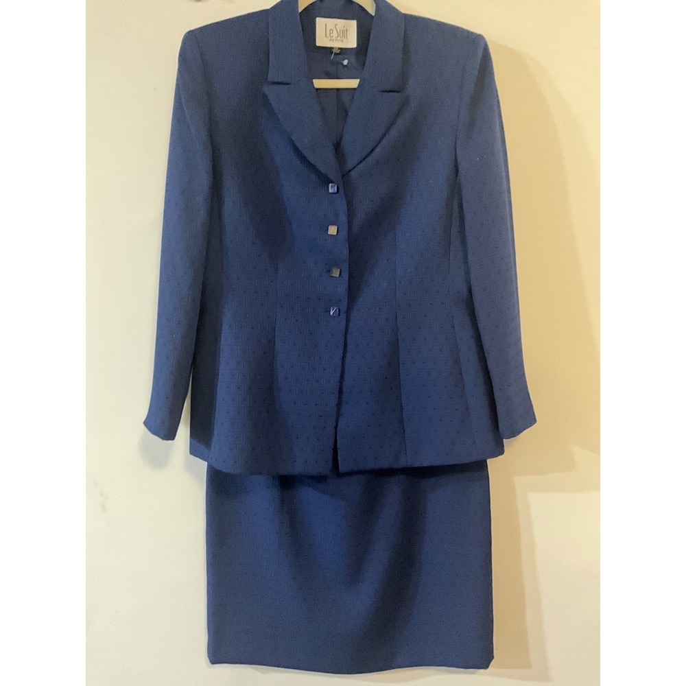 As is Le Suit Petite Blue Geometric Skirt Suit Set  12P missing stone